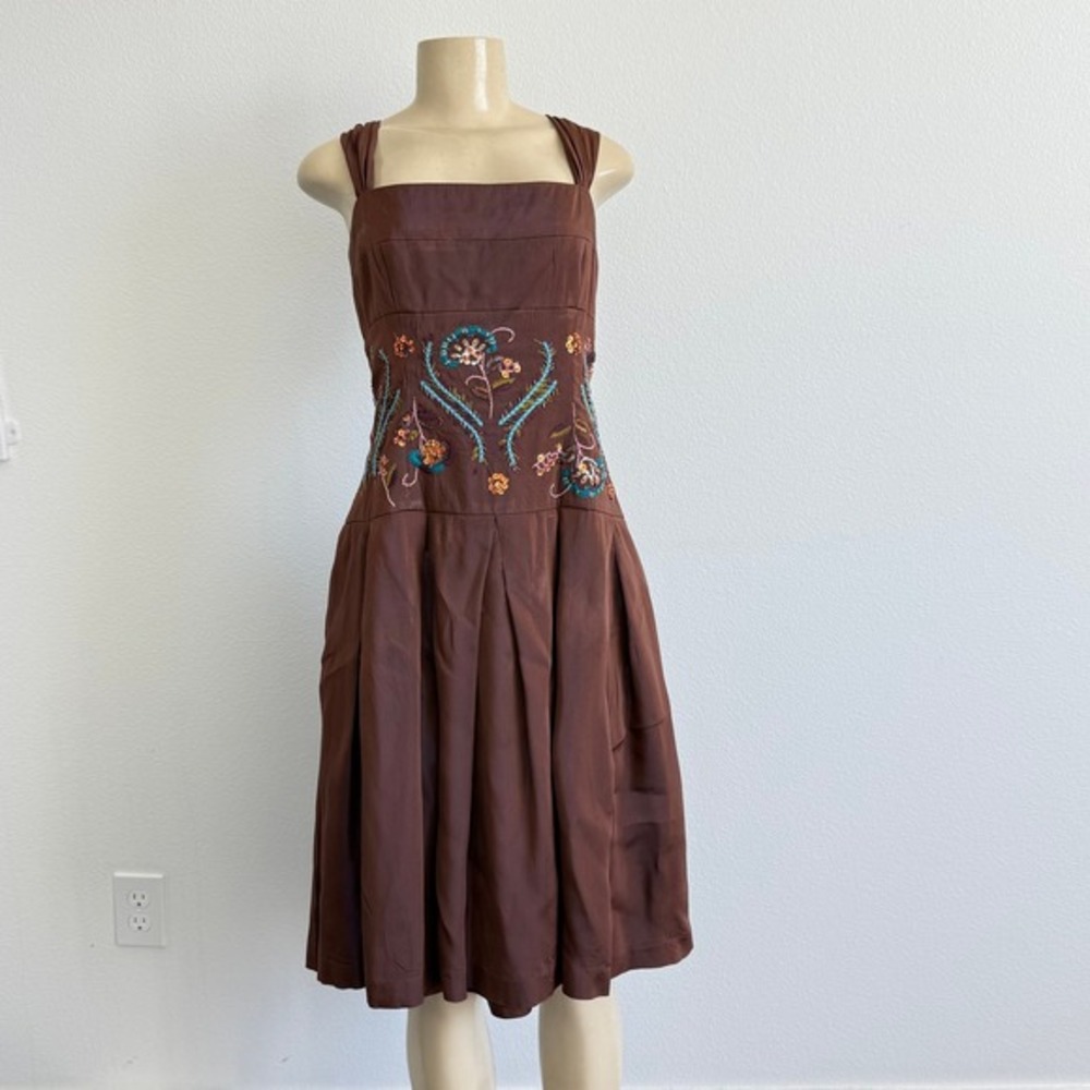 Vtg Cynthia Howie Boho Whimsygoth Embroidered Sequin Beaded Pleated Midi Dress